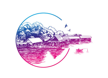 Sketch of small village on water in circle frame with fishing boat outside, Hand drawn vector illustration in bright gradientのイラスト素材