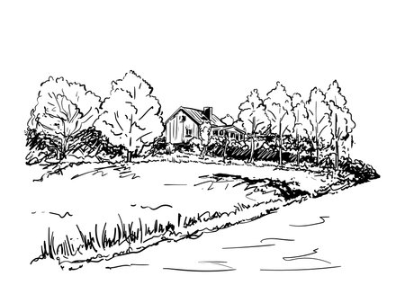 Sketch of countryside house surrounded by trees Hand drawn vector illustrationのイラスト素材