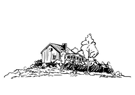 Sketch of countryside house surrounded by trees Hand drawn vector illustrationのイラスト素材