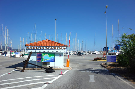 Pythagorion, Samos island, Greece - 14 May, 2018: Samos Marina entrance at Pythagorio villageのeditorial素材