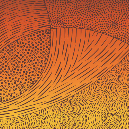 Hand drawn pattern of dashed lines, dots, small circles broun on yellow orange gradient, Abstract background inspired by indigenous aboriginal art and impressionismのイラスト素材