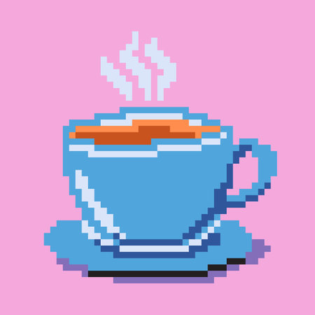 Coffee cup pixel art, Hot drink on saucer with steam pixel style illustration, Design element blue ceramic drinkware isolated on pink backgroundのイラスト素材