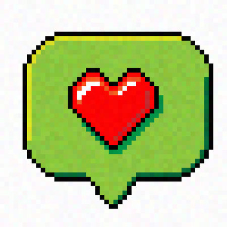 Red heart inside green speech bubble pixel art style, Computer game graphic vector illustration, Cute decoration for Valentine's day, wedding romantic love eventのイラスト素材