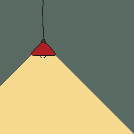 Hand drawn hanging lamp with red lampshade illuminating the darkness with a triangle of warm light, Vector illustration flat style, Copy space for textのイラスト素材