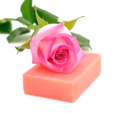 	Soap and rose isolated on white backgroundの写真素材