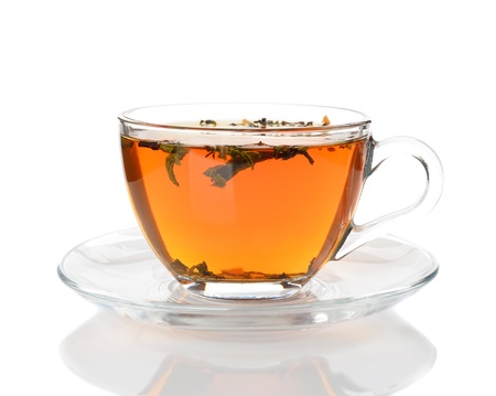 Tea in a glass cup isolated on white backgroundの写真素材