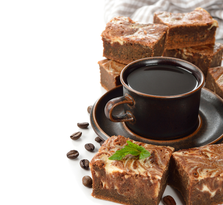 Chocolate cake brownies on a white backgroundの写真素材