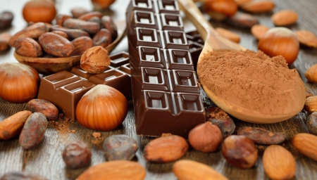 Chocolate, nuts and cocoa beans on a brown backgroundの写真素材