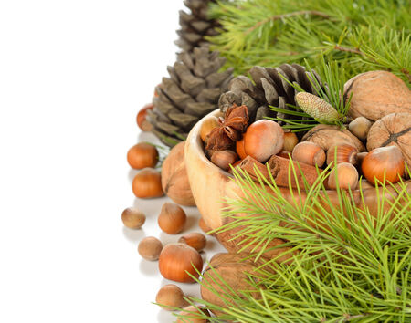 Nuts in a wooden bowl on a white backgroundの写真素材