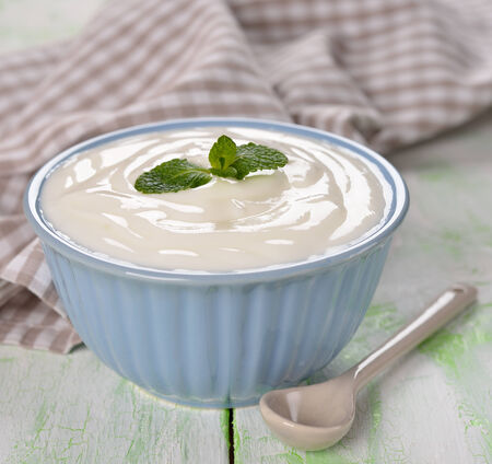 natural yoghurt  in a bowl on a white backgroundの写真素材