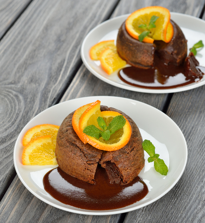 chocolate fondant on a gray backgroundの写真素材