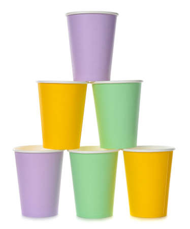 Colorful paper cups isolated on white backgroundの写真素材
