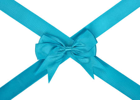 blue ribbon with bow isolated on white backgroundの写真素材