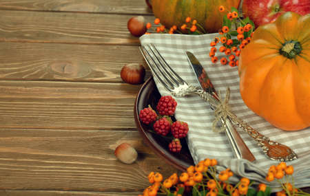 Cutlery and pumpkin on brown backgroundの写真素材