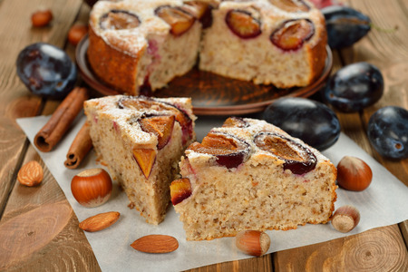 plum cake on a brown backgroundの写真素材