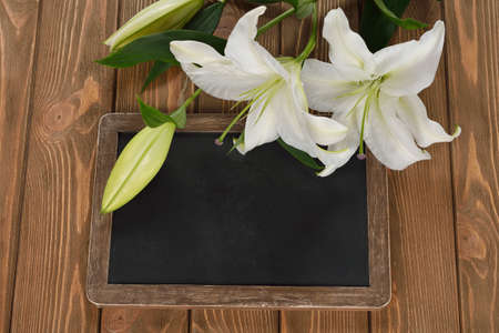 Writing board and a white lily on a brown backgroundの写真素材