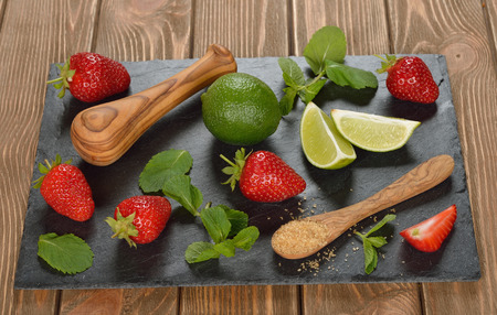 Ingredients for mojito on black slateの写真素材