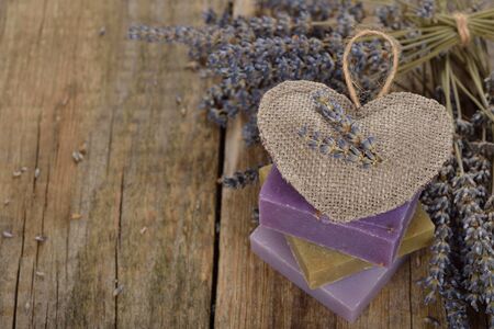 Natural lavender soap on a brown backgroundの写真素材