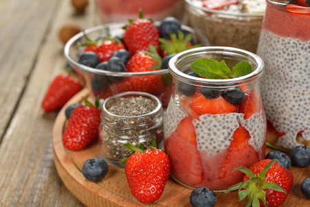 Chia pudding with strawberries and blueberriesの写真素材