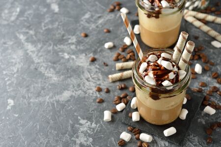 Cold coffee frapuchino with cream and marshmallowの写真素材