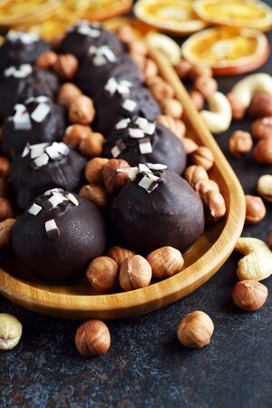 Diet vegan truffles on a brown backgroundの写真素材
