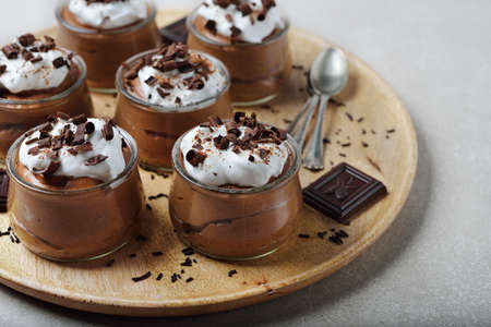 Classic french chocolate mousse on brown backgroundの写真素材