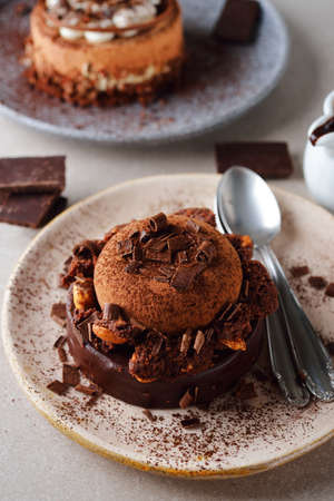 Chocolate cake on a gray backgroundの写真素材