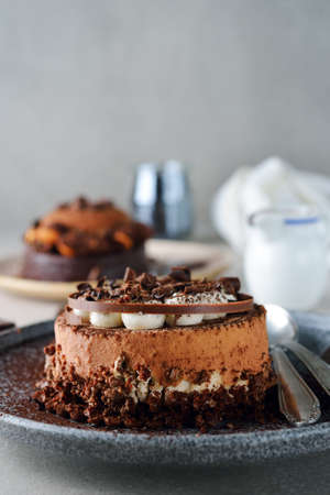 Chocolate cake on a gray background