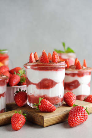 Strawberry dessert tiramisu on a gray backgroundの写真素材