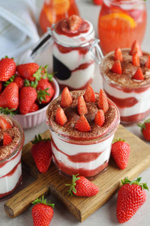 Strawberry dessert tiramisu on a gray backgroundの写真素材