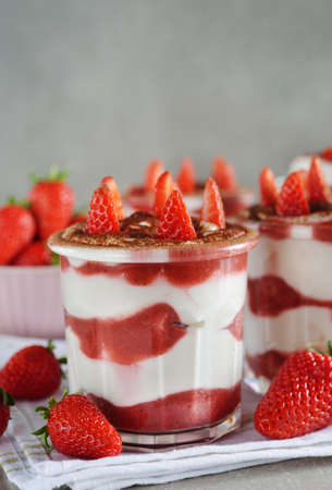 Strawberry dessert tiramisu on a gray backgroundの写真素材