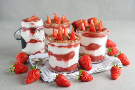 Strawberry dessert tiramisu on a gray backgroundの写真素材