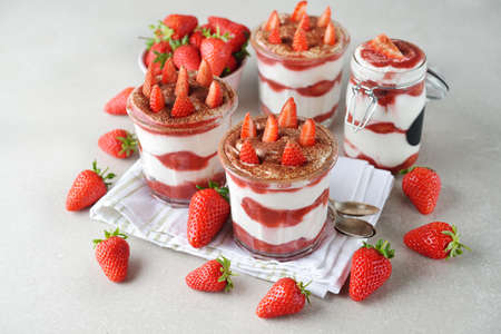 Strawberry dessert tiramisu on a gray backgroundの写真素材