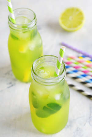 Summer lemonade on a gray backgroundの写真素材