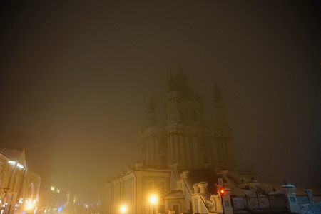 St. Andrew's church with night lights, Kiev, Ukraine. Dark sky, Kyiv.の写真素材