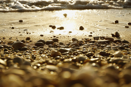 Sea pebbles on the Black Sea coast, sunset yellow light, blurred back and foreground. White sea foam is located on a sandy beach.の写真素材