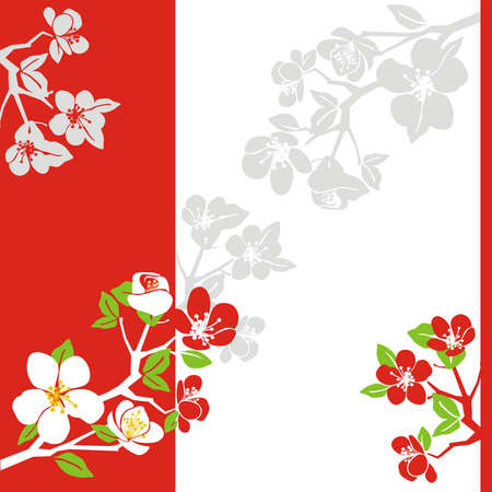 Composition from blossoming branches of an apple-tree on a red-white background with grey elementsのイラスト素材