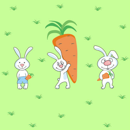 Hares with carrots on a green meadowのイラスト素材