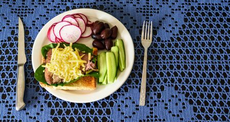 healthy breakfast, toast with meat and vegetablesの写真素材