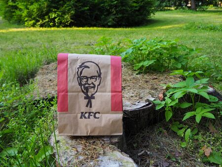 St. Petersburg, Russia. 07.16.2019. Kentucky Fried Chicken paper bag on a tree stump in the park. KFC is a fast food restaurant chain headquartered in United States. Save the planet, Earth day, Plastic Free, Recycle, Go Green concept. Eco friendly lifestyのeditorial素材