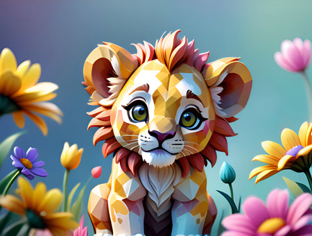 Cute animated baby lion sitting in flowers, digital art painting in vibrant colorsの素材