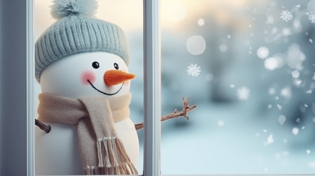 Cute felt toy snowman in a knitted hat and scarf standing next to window on snowy winter Christmas backgroundの素材