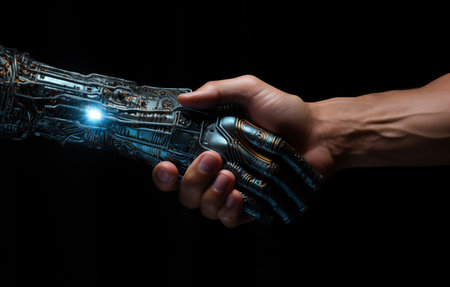 A man shaking hands with digital robot on black background with copy space. Collaboration of people with artificial intelligence conceptの素材