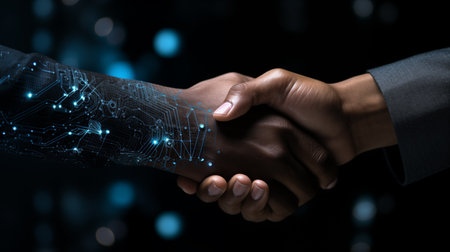 African American man shaking hands with digital cyborg half human and half robot. Collaboration humans with artificial intelligence conceptの素材