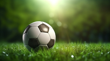 Soccer ball on green grass close up in the sunlight with copy spaceの素材