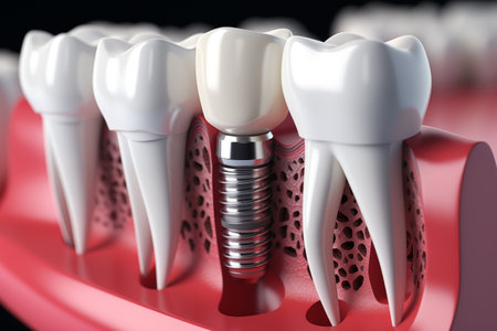 Dental implant model close-up. Teeth with implant screw macro viewの素材