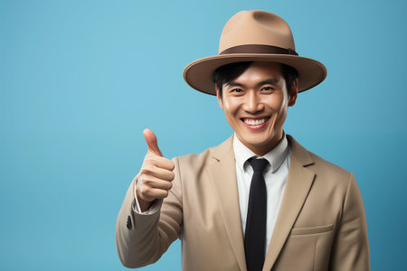 Portrait of smiling young Asian man showing thumbs up in a hat and business suit on plain pastel light blue background with copy spaceの素材