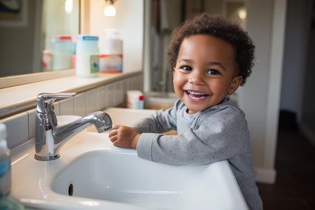 Smiling cute African American preteen child standing next to the kitchen sink. Happy little boy in the bathroom getting ready to wash his hands and face. Little kid helping with domestic choresの素材