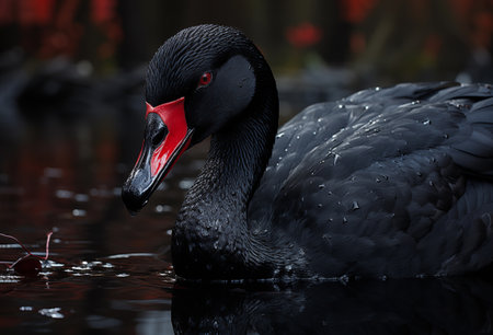 Black swan Cygnus atratus with red eyes swimming on the lake close-up portrait. A metaphor for financial crisis or unexpected eventsの素材