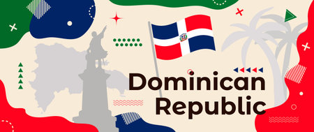 Dominican Republic Day banner with national flag and country map, statue of Christopher Columbus and palm trees silhouettes. Abstract geometric holiday designのイラスト素材